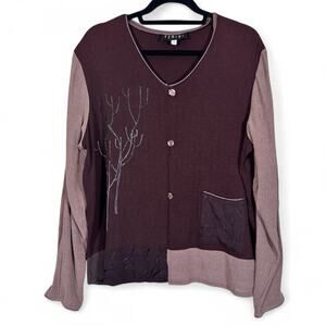 Fenini Brown Tan Patchwork Cardigan Sweater Womens XL Fall Lagenlook Artsy